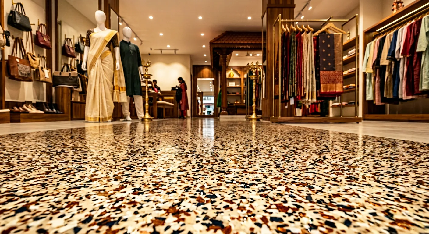 Flake epoxy floor with three colour blend in an Irinjalakuda fashion boutique