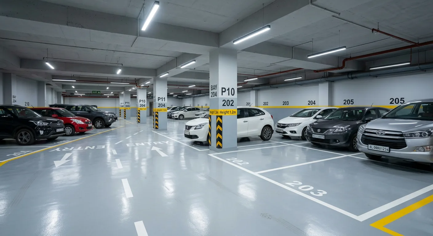 Hotel basement parking epoxy floor with bay markings at Aranattukara, Thrissur