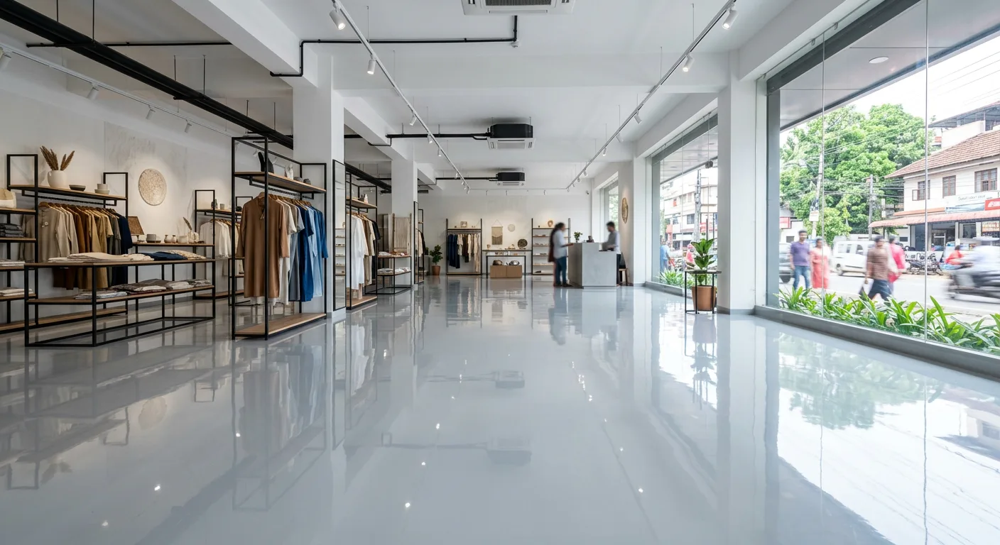 Mirror smooth self leveling epoxy floor in a Round North retail showroom