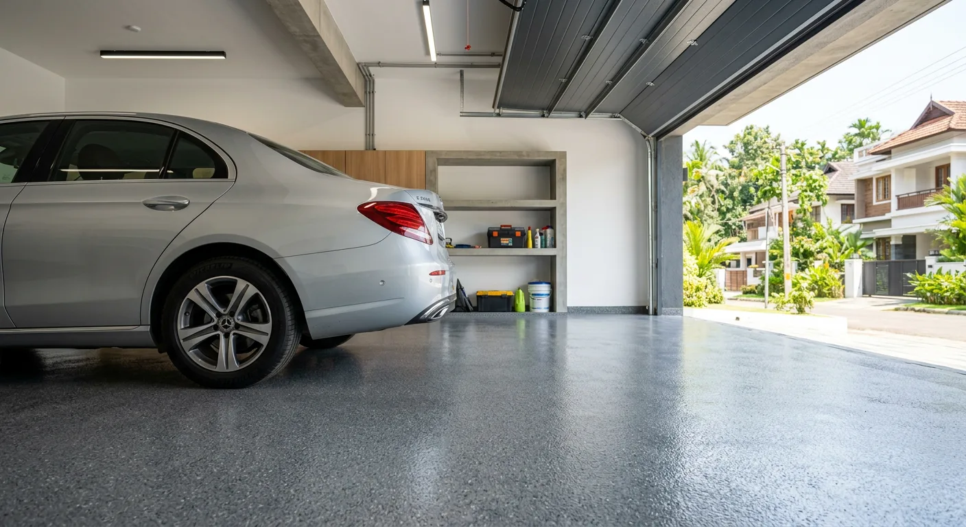 Solid grey epoxy garage floor with anti slip aggregate in a Punkunnam villa