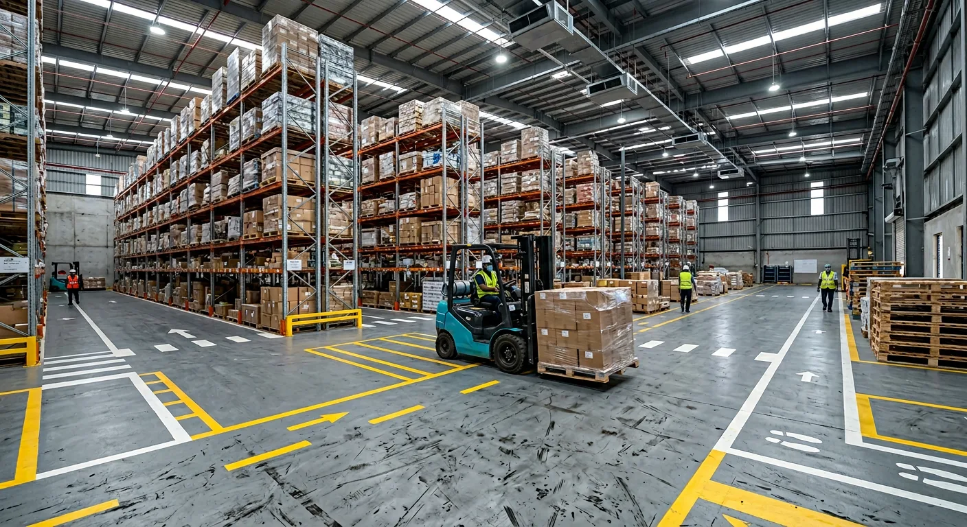 Warehouse heavy duty epoxy floor with forklift markings at Kodungallur