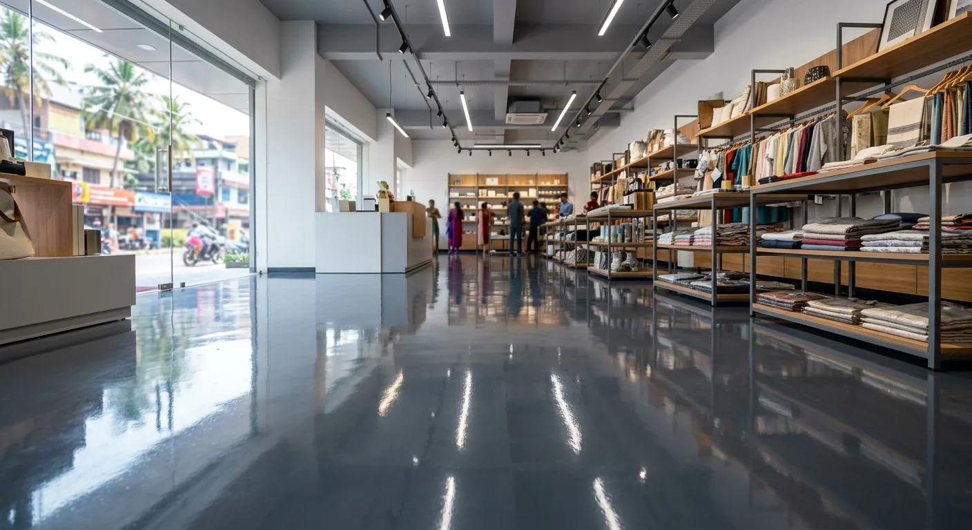 Glossy solid colour epoxy floor in a Thrissur retail showroom