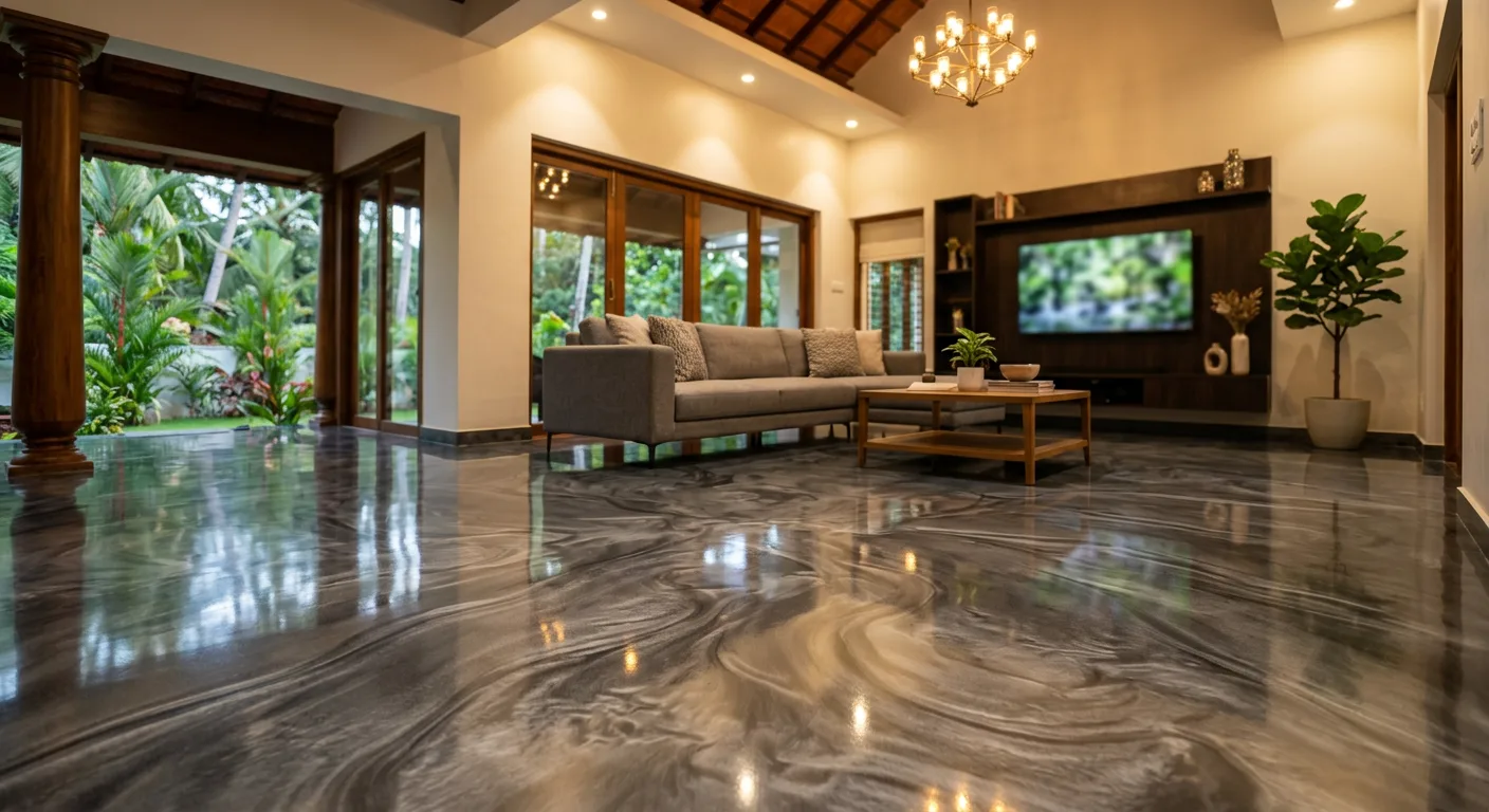 Metallic pigment epoxy floor with 3D depth in a Thrissur villa living room