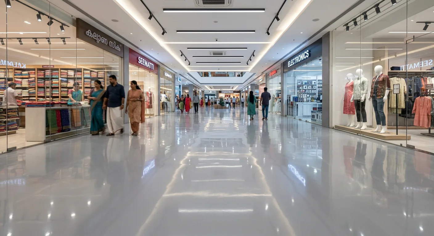 Mirror smooth self leveling epoxy floor in a Thrissur showroom corridor